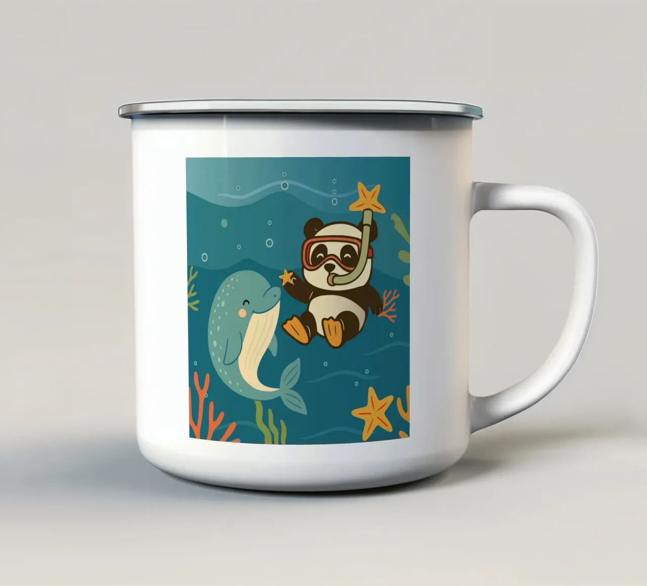 Panda duikt met dolfijn in zee emaille mok van namosh