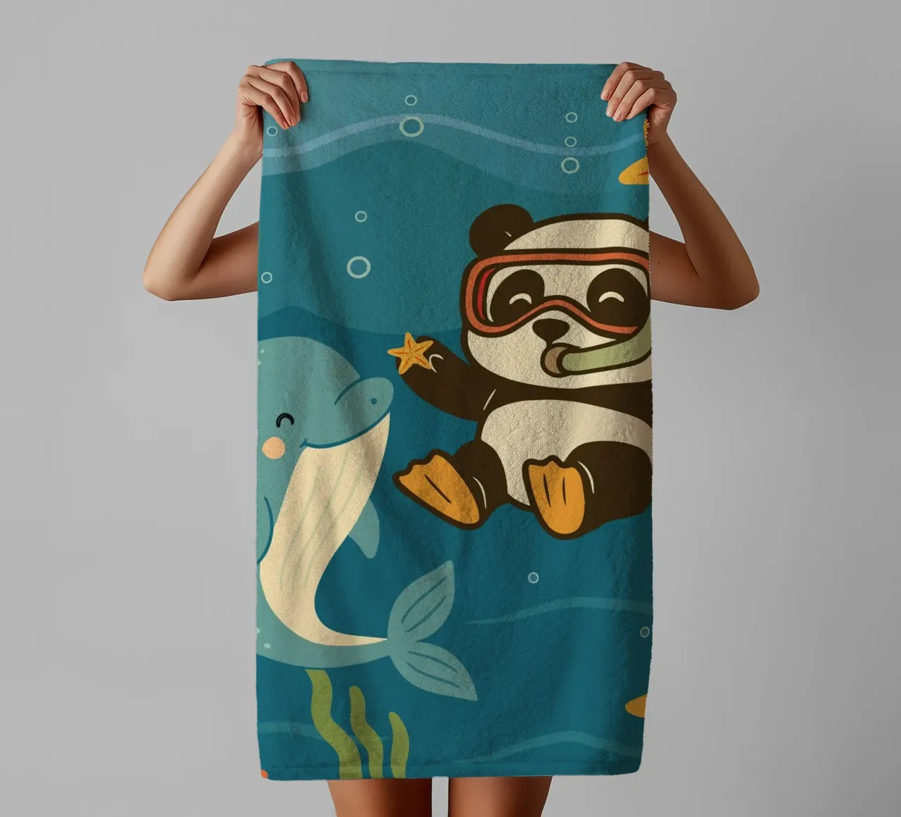 Un panda plonge avec un dauphin dans la mer serviette de bain de namosh