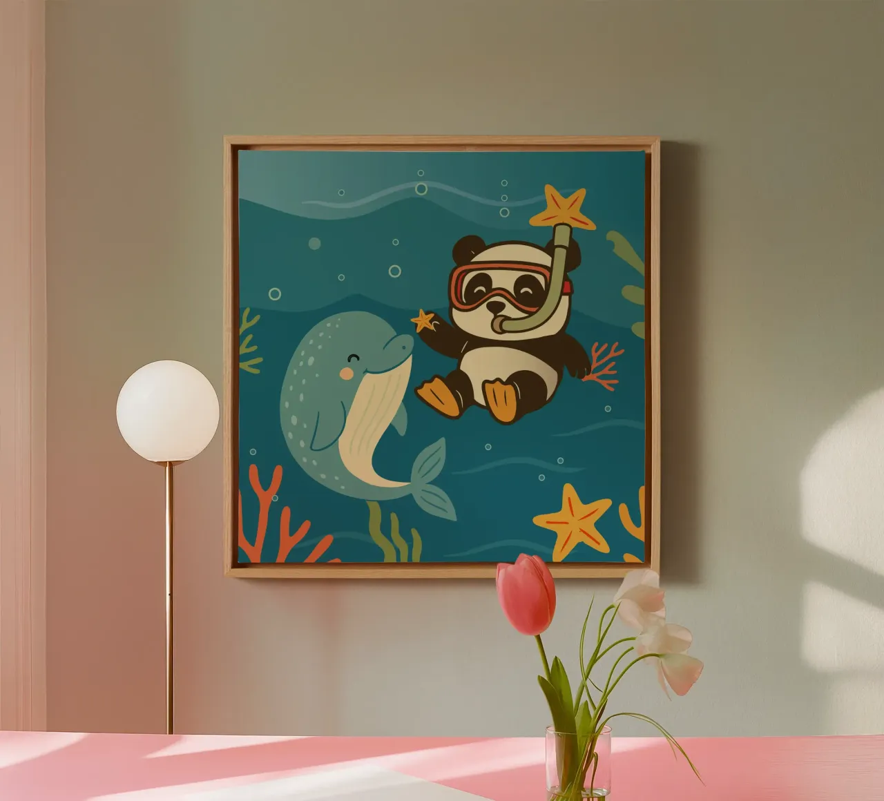 Panda duikt met dolfijn in zee canvas met Baklijst van namosh