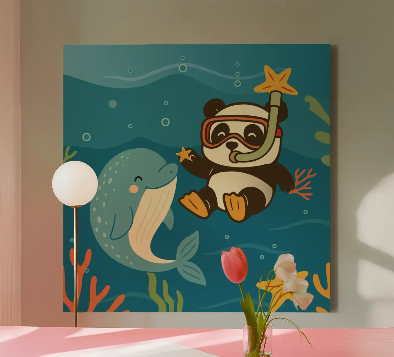 Panda duikt met dolfijn in zee canvas met Baklijst van namosh