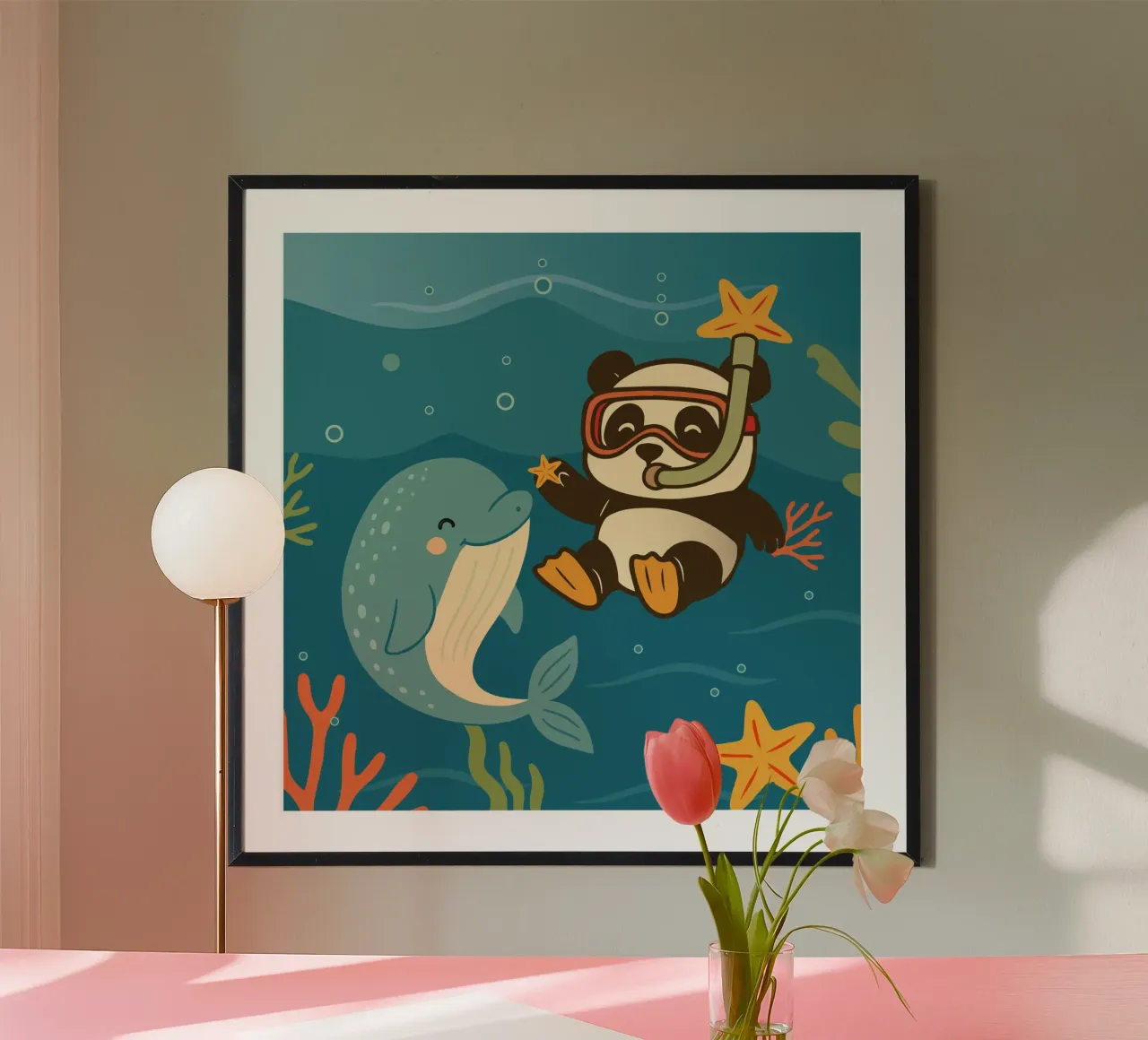 Un panda se zambulle con un delfín en el mar hahnemühle de namosh