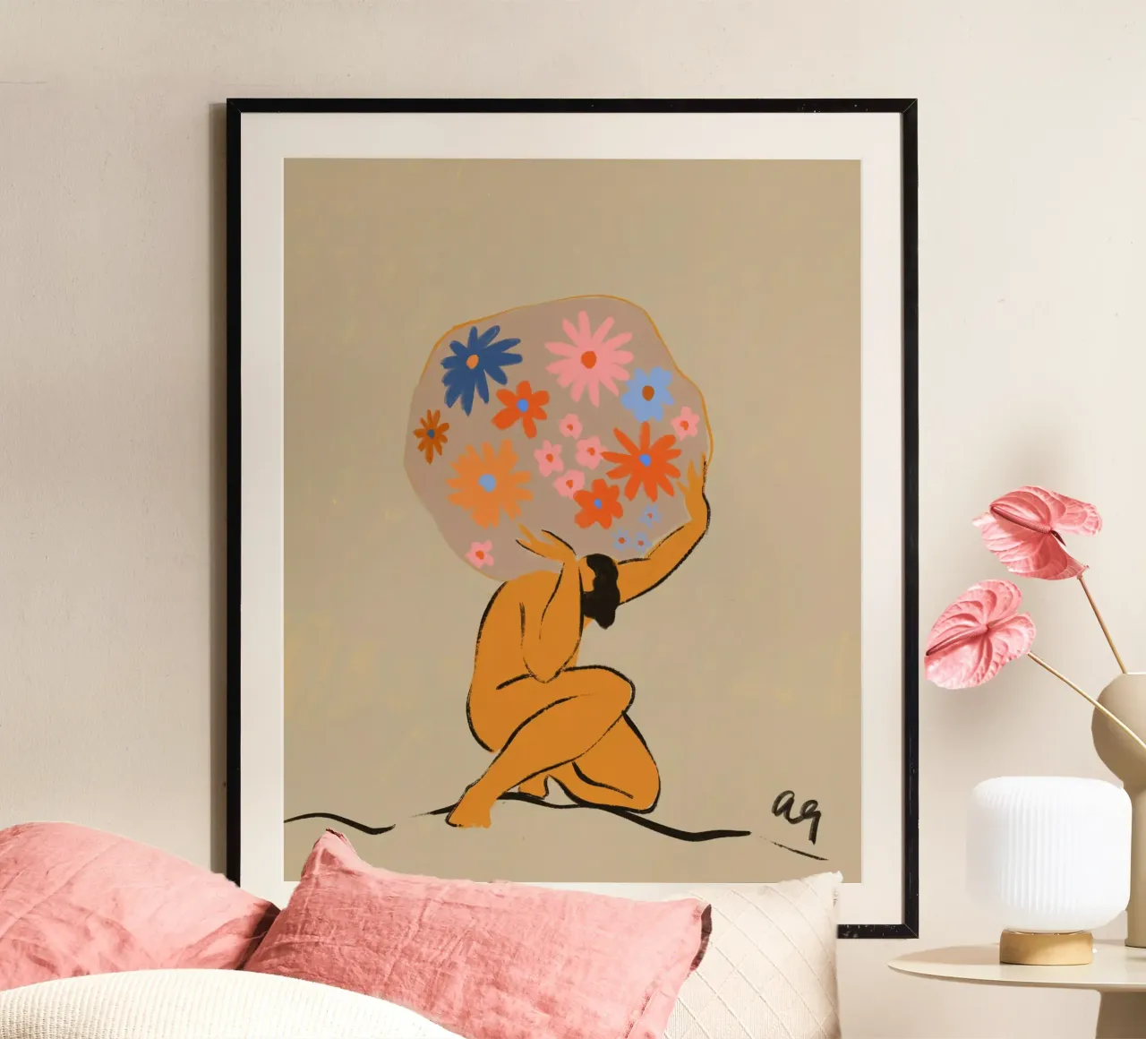 The World On Her Shoulders poster con telaio in alluminio da Arty Guava