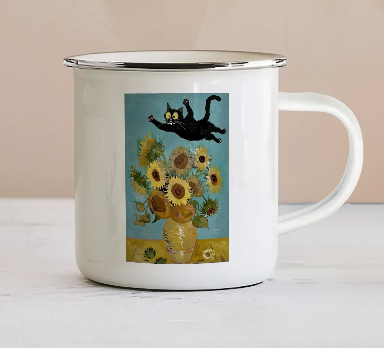 Gatto nero giocoso e girasoli Van Gogh Art. tazza in smalto da 🎨 Point and Art