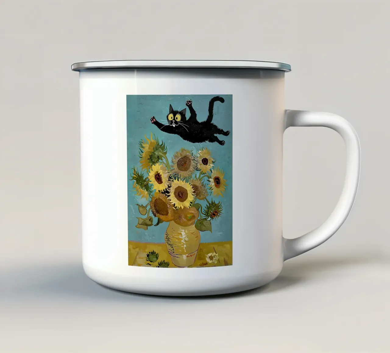 Gatto nero giocoso e girasoli Van Gogh Art. tazza in smalto da 🎨 Point and Art