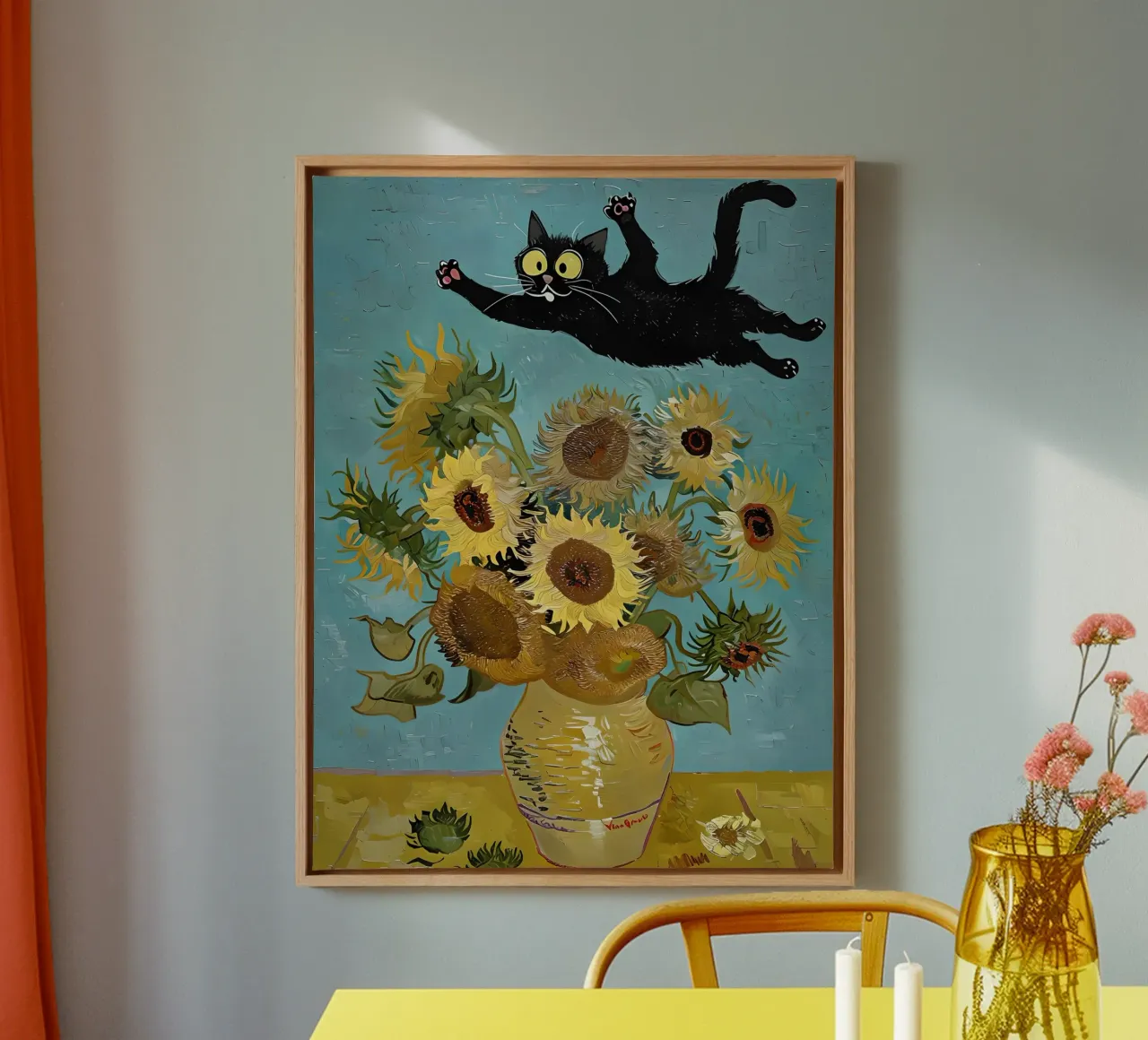Speelse zwarte kat en zonnebloemen Van Gogh-stijl kunstwerk kunst canvas met Baklijst van 🎨 Point and Art