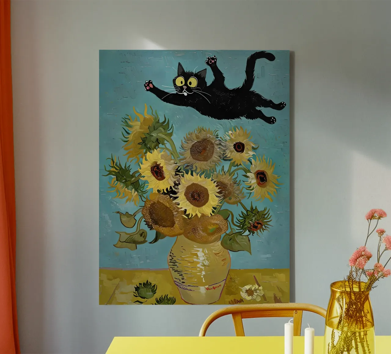 Speelse zwarte kat en zonnebloemen Van Gogh-stijl kunstwerk kunst canvas met Baklijst van 🎨 Point and Art
