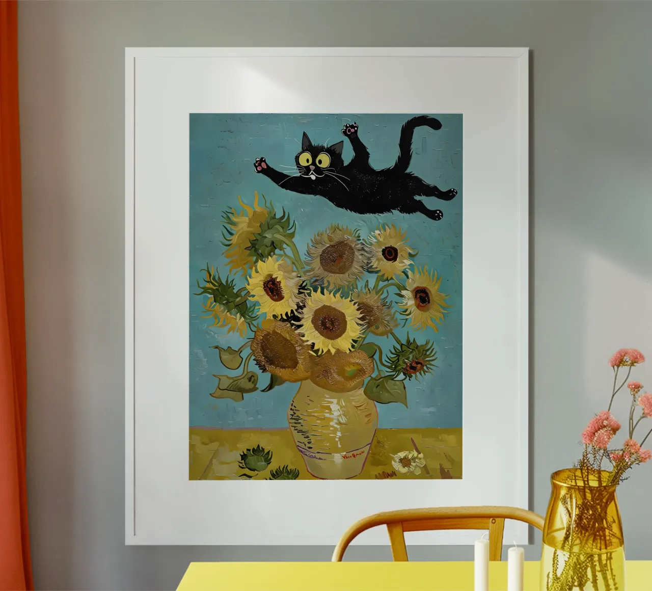 Speelse zwarte kat en zonnebloemen Van Gogh-stijl kunstwerk kunst poster met kunststof frame van 🎨 Point and Art