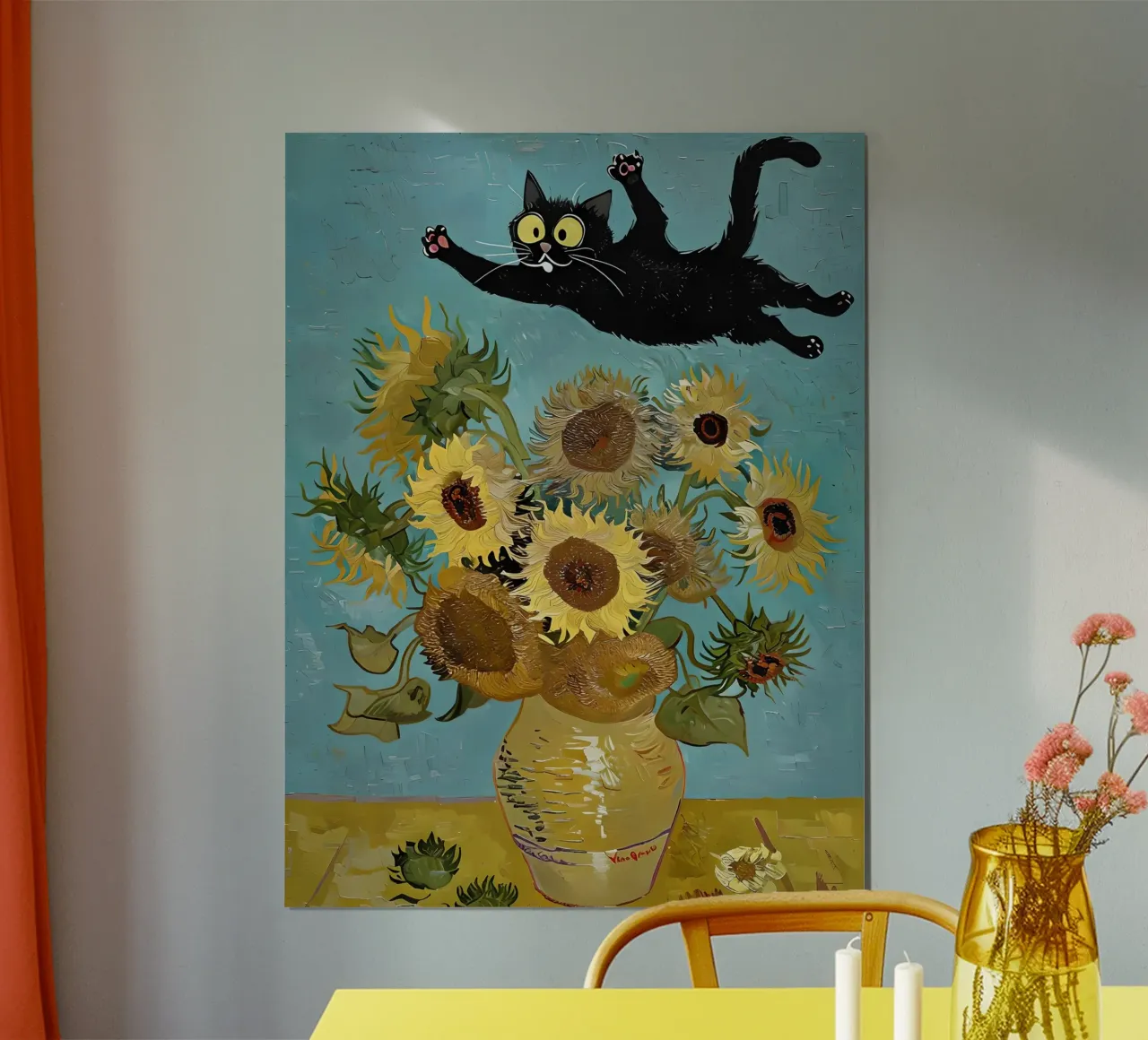 Speelse zwarte kat en zonnebloemen Van Gogh-stijl kunstwerk kunst poster met kunststof frame van 🎨 Point and Art