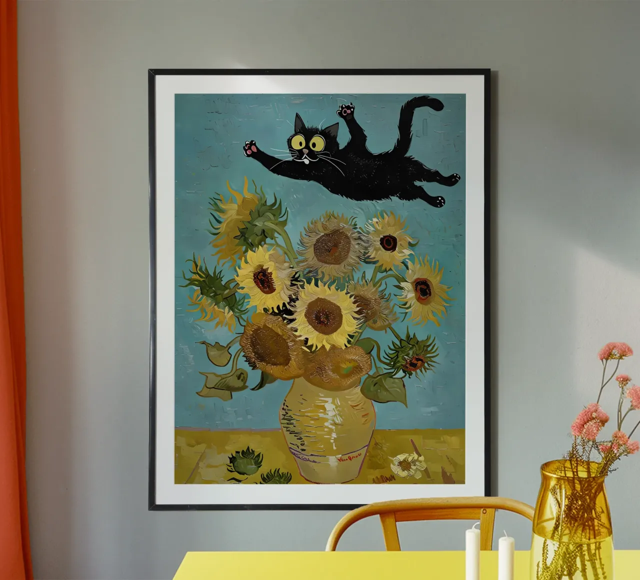 Speelse zwarte kat en zonnebloemen Van Gogh-stijl kunstwerk kunst poster met kunststof frame van 🎨 Point and Art