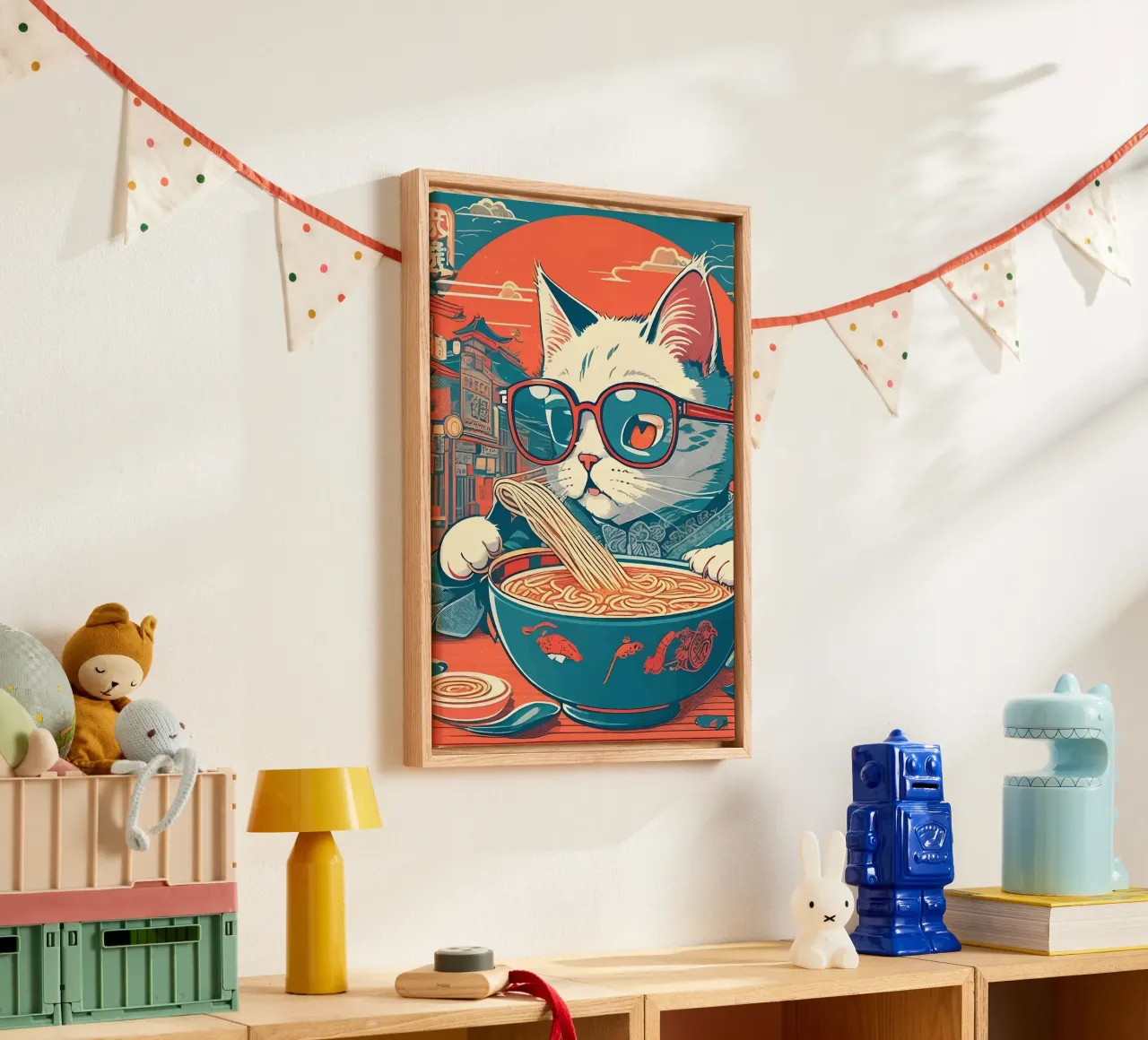 Cool Cat Ramen tela con Cornice a cassetta da Patrick J Curtis