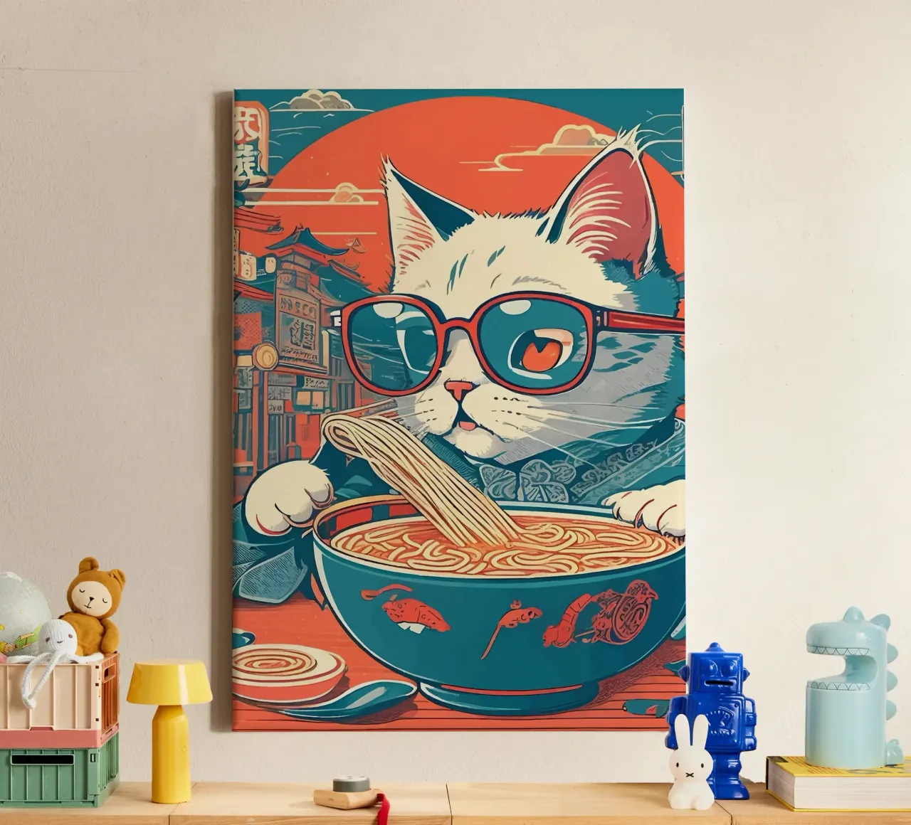 Cool Cat Ramen tela con Cornice a cassetta da Patrick J Curtis