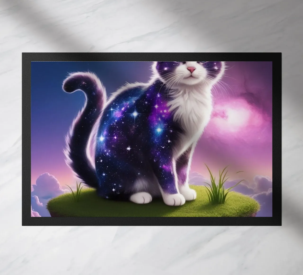 Galaxy Cat on a Floating Island doormat by van hellen