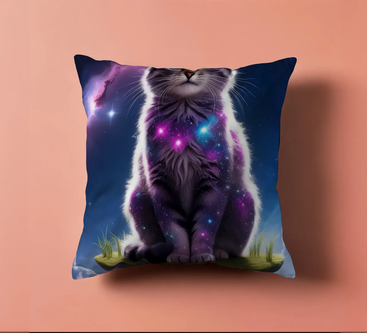 Galaxy Cat on a Floating Island decorative cushion by van hellen