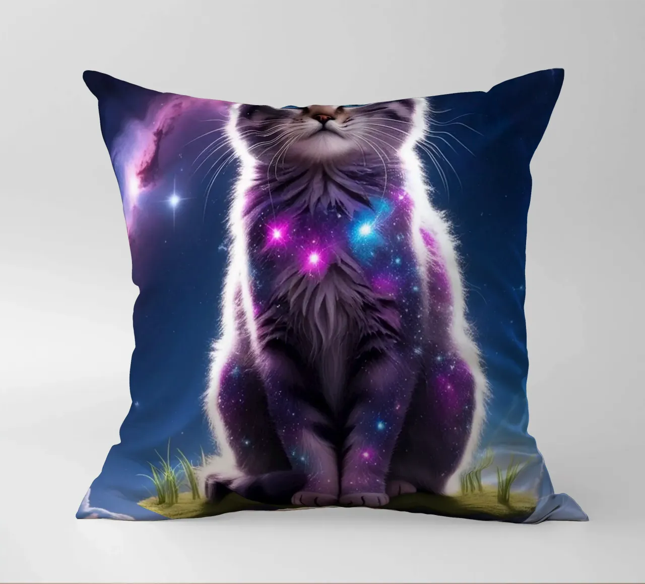Galaxy Cat on a Floating Island decorative cushion by van hellen