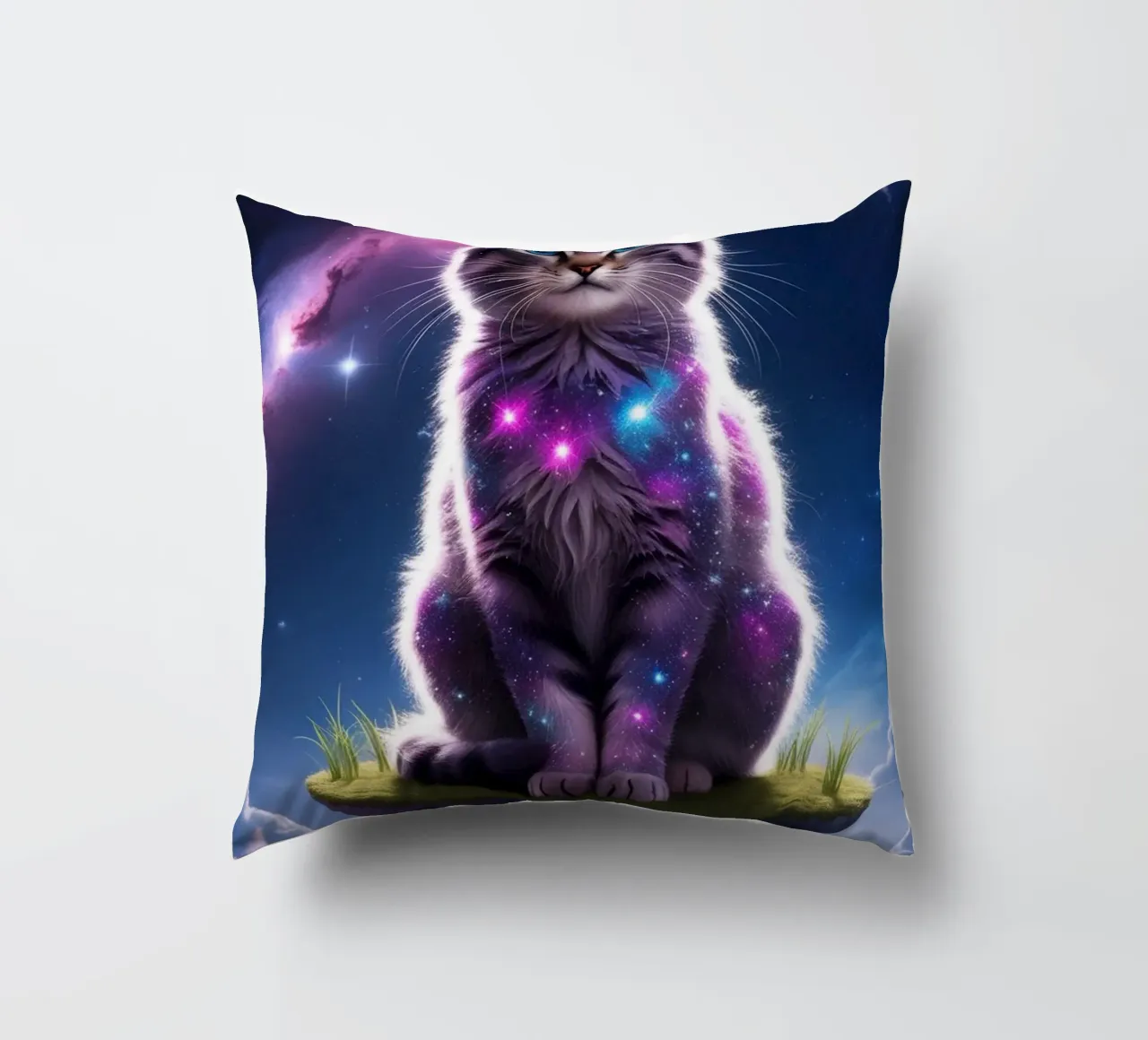 Galaxy Cat on a Floating Island decorative cushion by van hellen