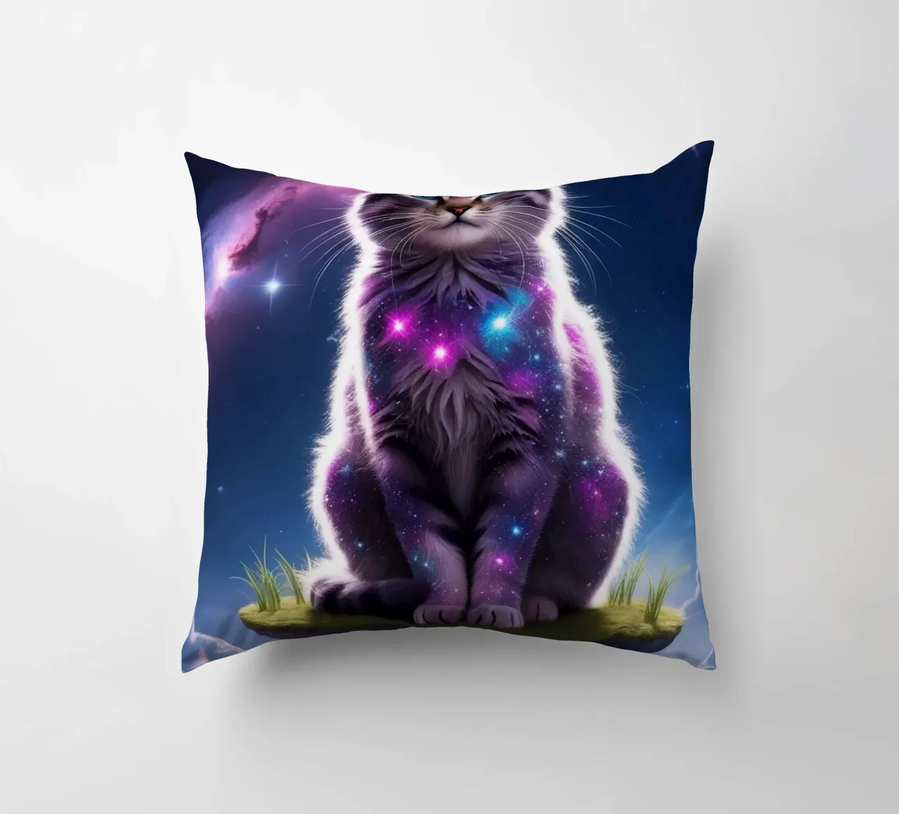 Galaxy Cat on a Floating Island decorative cushion by van hellen
