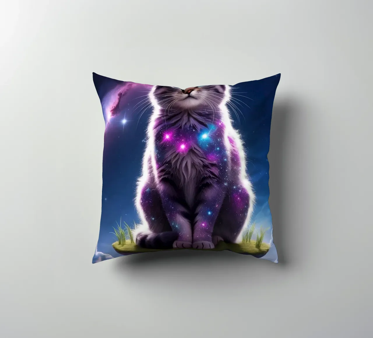 Galaxy Cat on a Floating Island decorative cushion by van hellen