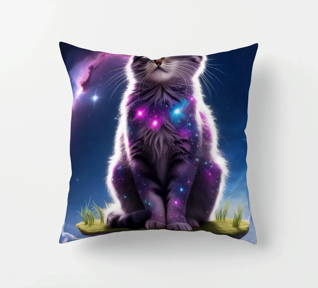 Galaxy Cat on a Floating Island decorative cushion by van hellen