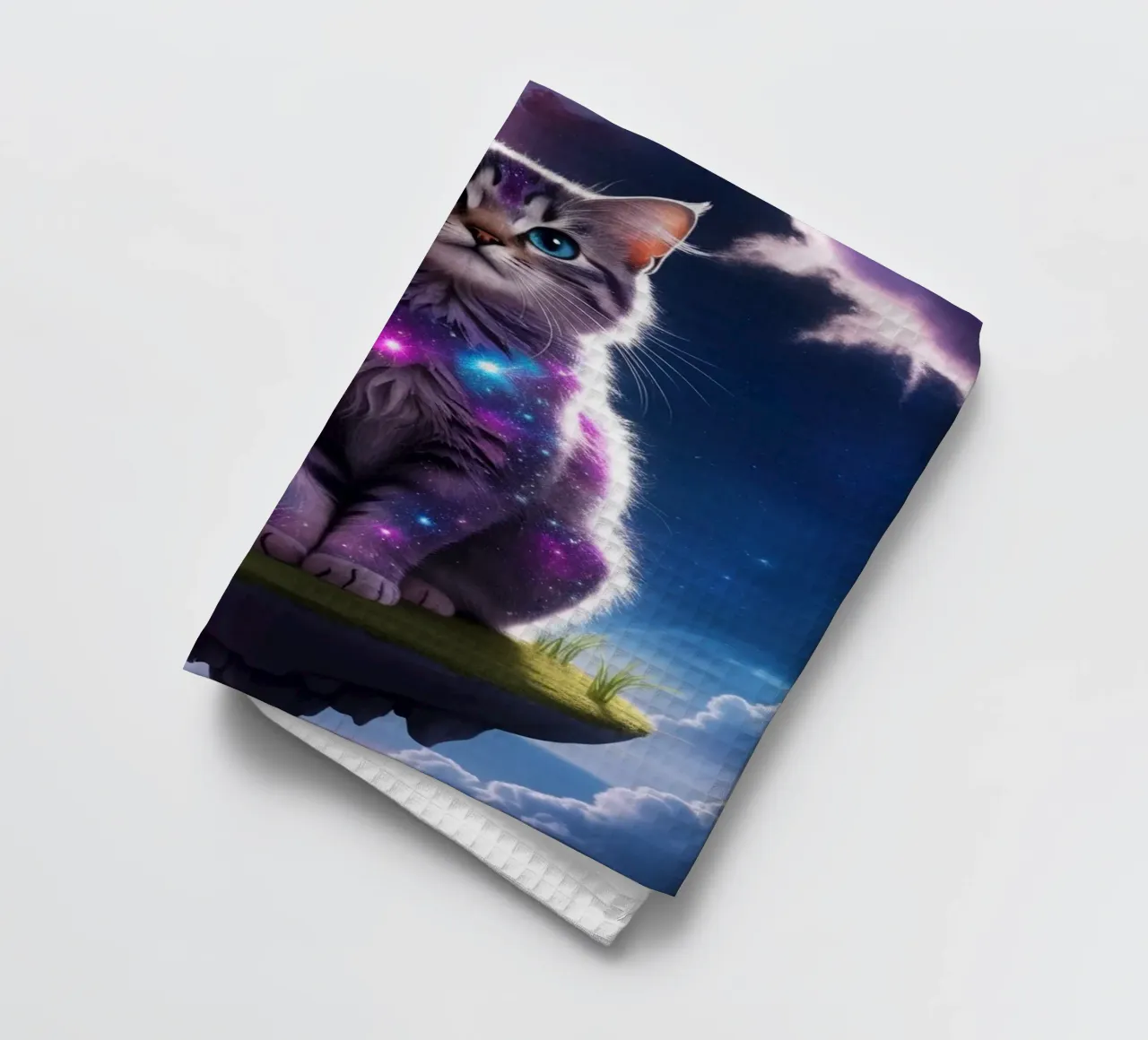 Galaxy Cat on a Floating Island tea towel by van hellen