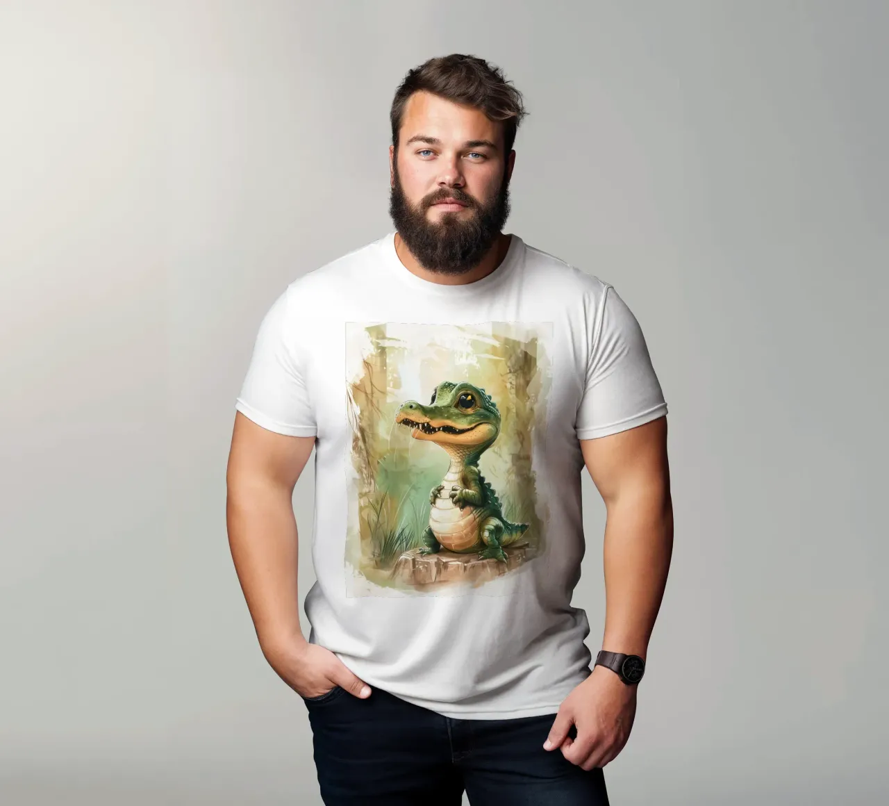 un simpatico e curioso cucciolo di alligatore, in piedi con orgoglio t-shirt da DesignDoodle