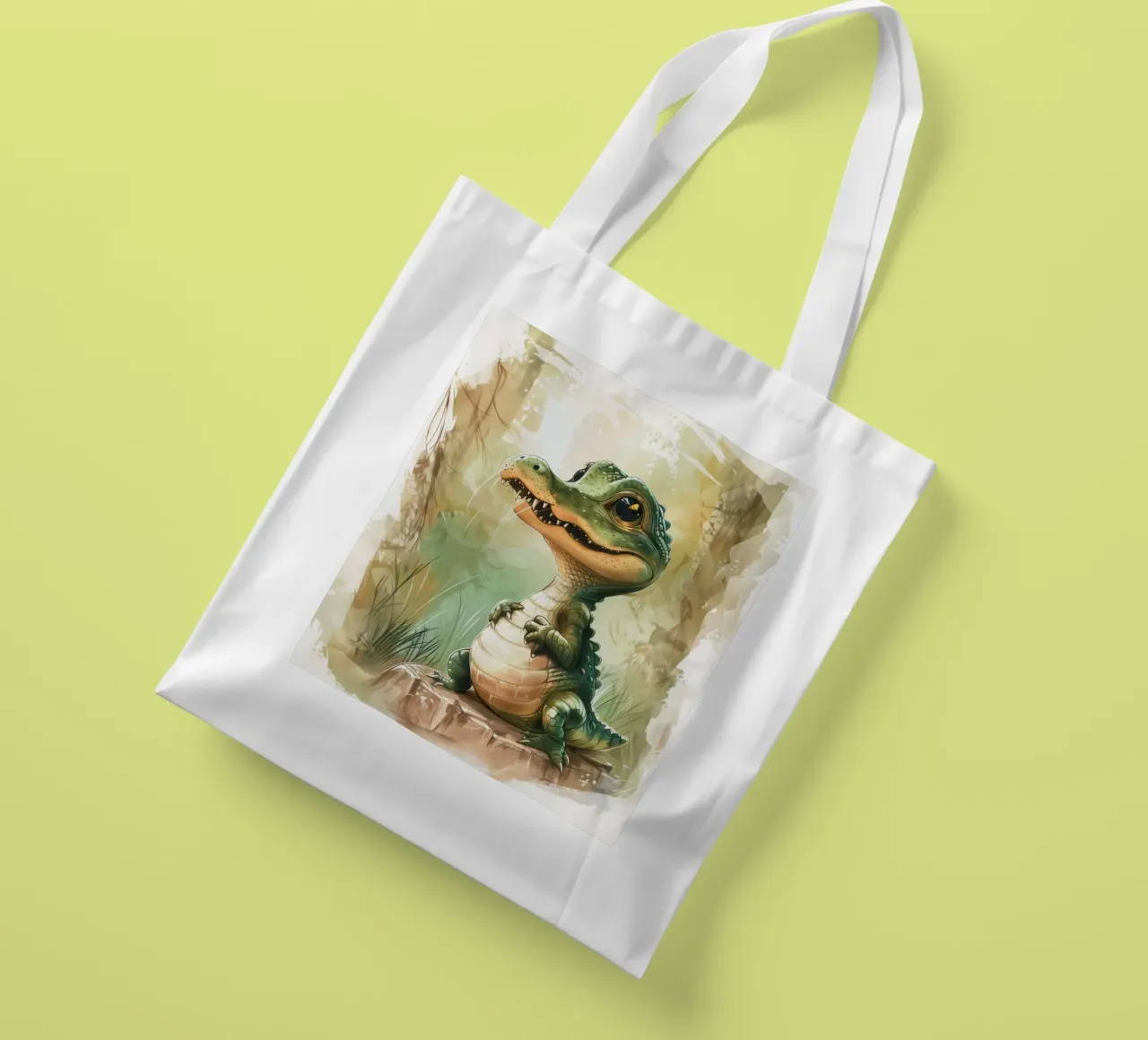 un simpatico e curioso cucciolo di alligatore, in piedi con orgoglio borsa in juta da DesignDoodle