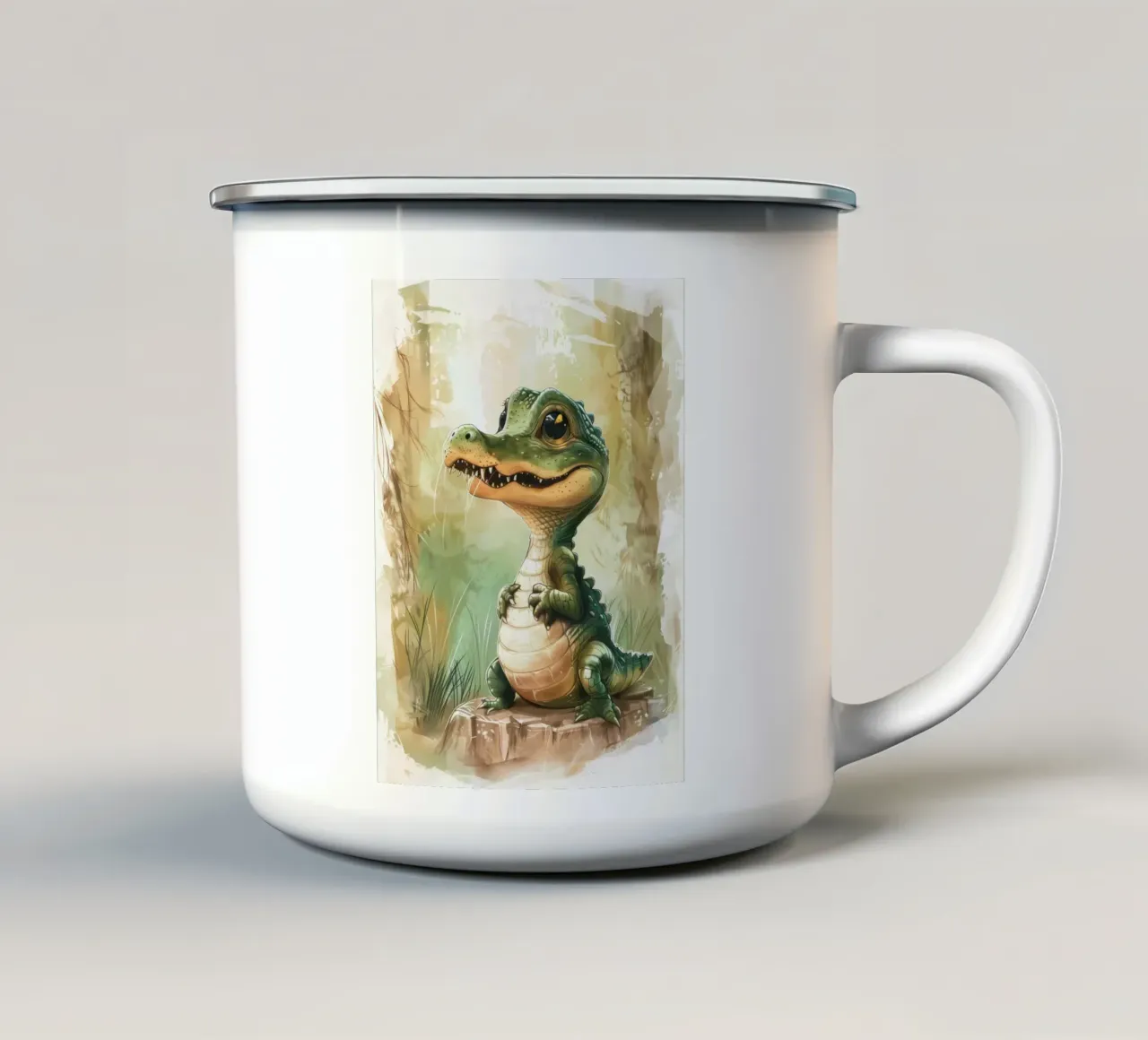 un simpatico e curioso cucciolo di alligatore, in piedi con orgoglio tazza in smalto da DesignDoodle