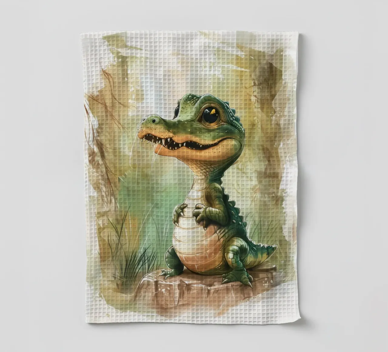 un simpatico e curioso cucciolo di alligatore, in piedi con orgoglio canovaccio da cucina da DesignDoodle