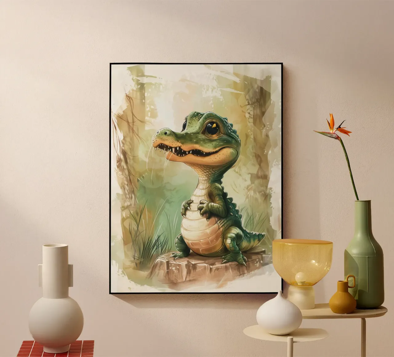 un simpatico e curioso cucciolo di alligatore, in piedi con orgoglio plexiglass da DesignDoodle