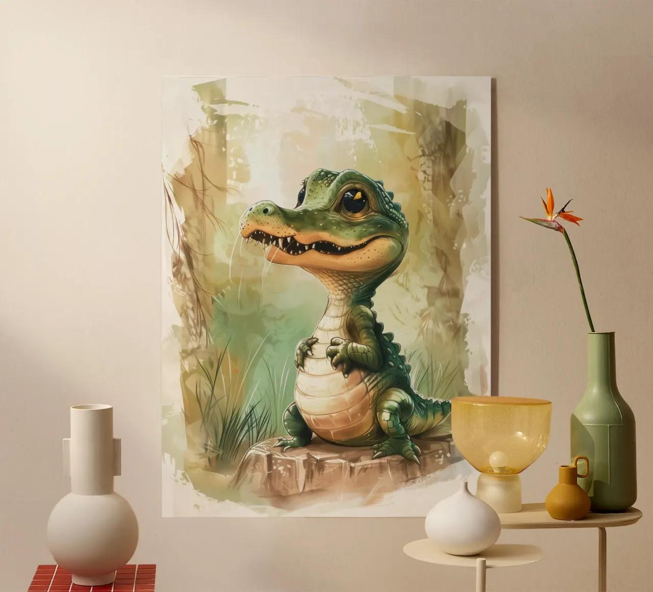 un simpatico e curioso cucciolo di alligatore, in piedi con orgoglio plexiglass da DesignDoodle