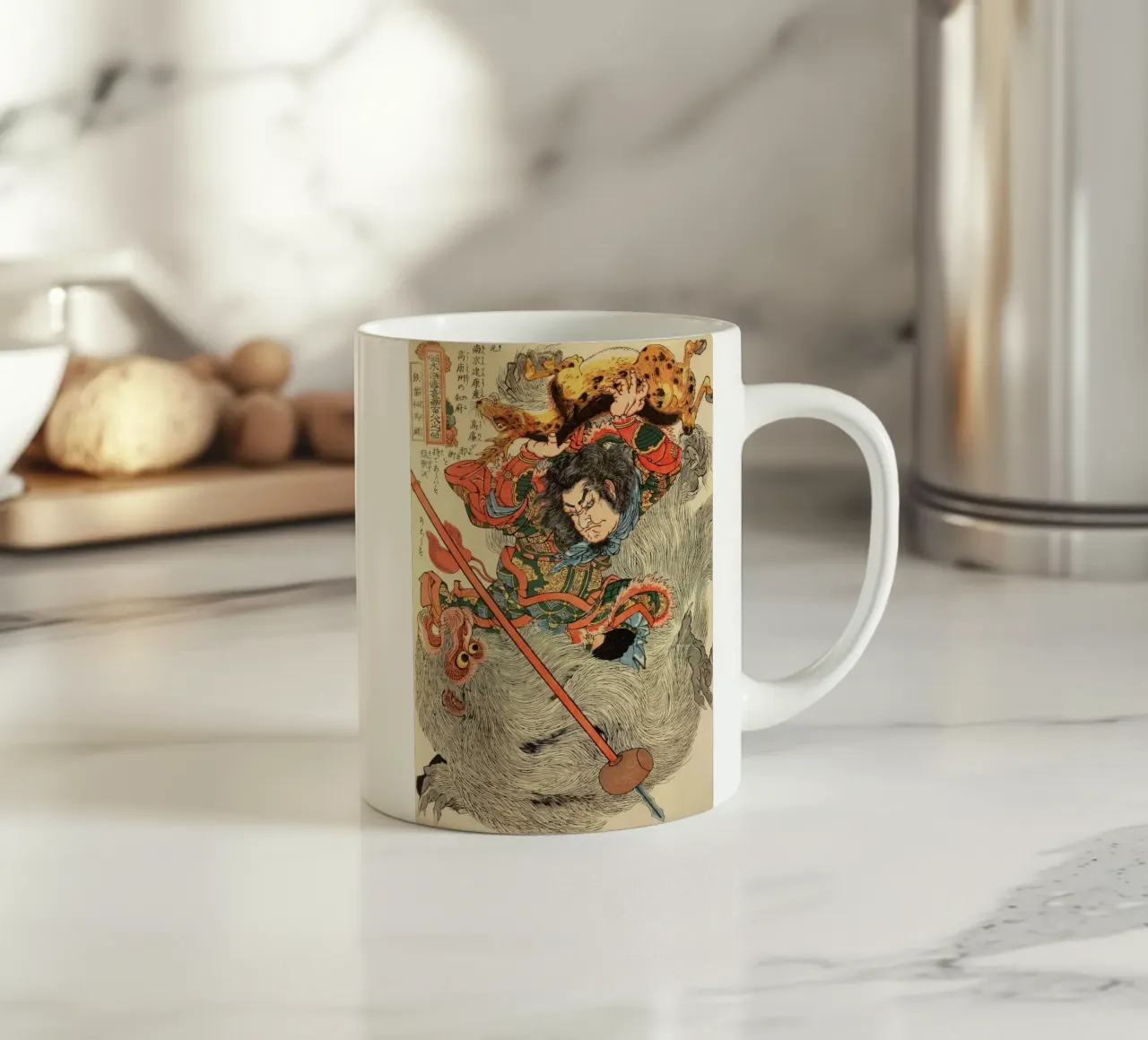 Samurai Fighting Demon Monkey - Vintage Japanese Ukiyo-e ceramic mug by Masterpieces Of Japanese Art
