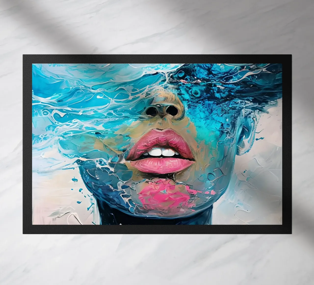 Levendig Abstract Menselijk Gezicht met Oceanische Texturen Schilderij deurmat van 🎨 Point and Art