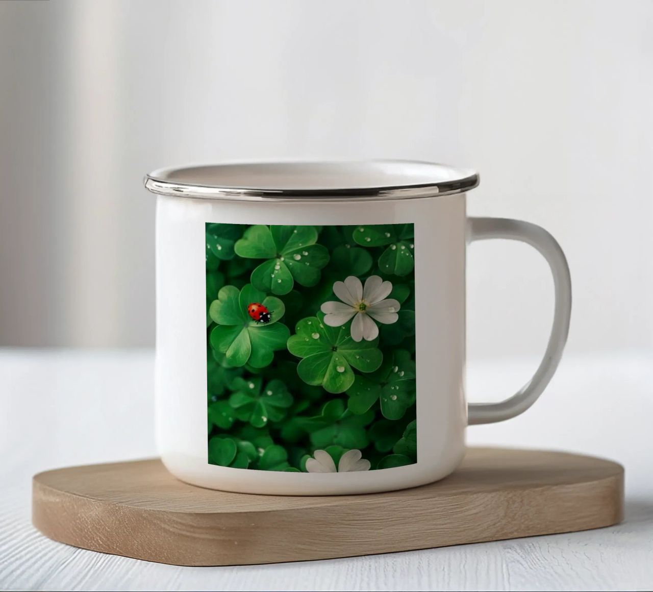 Trifoglio e coccinella tazza in smalto da graphic design