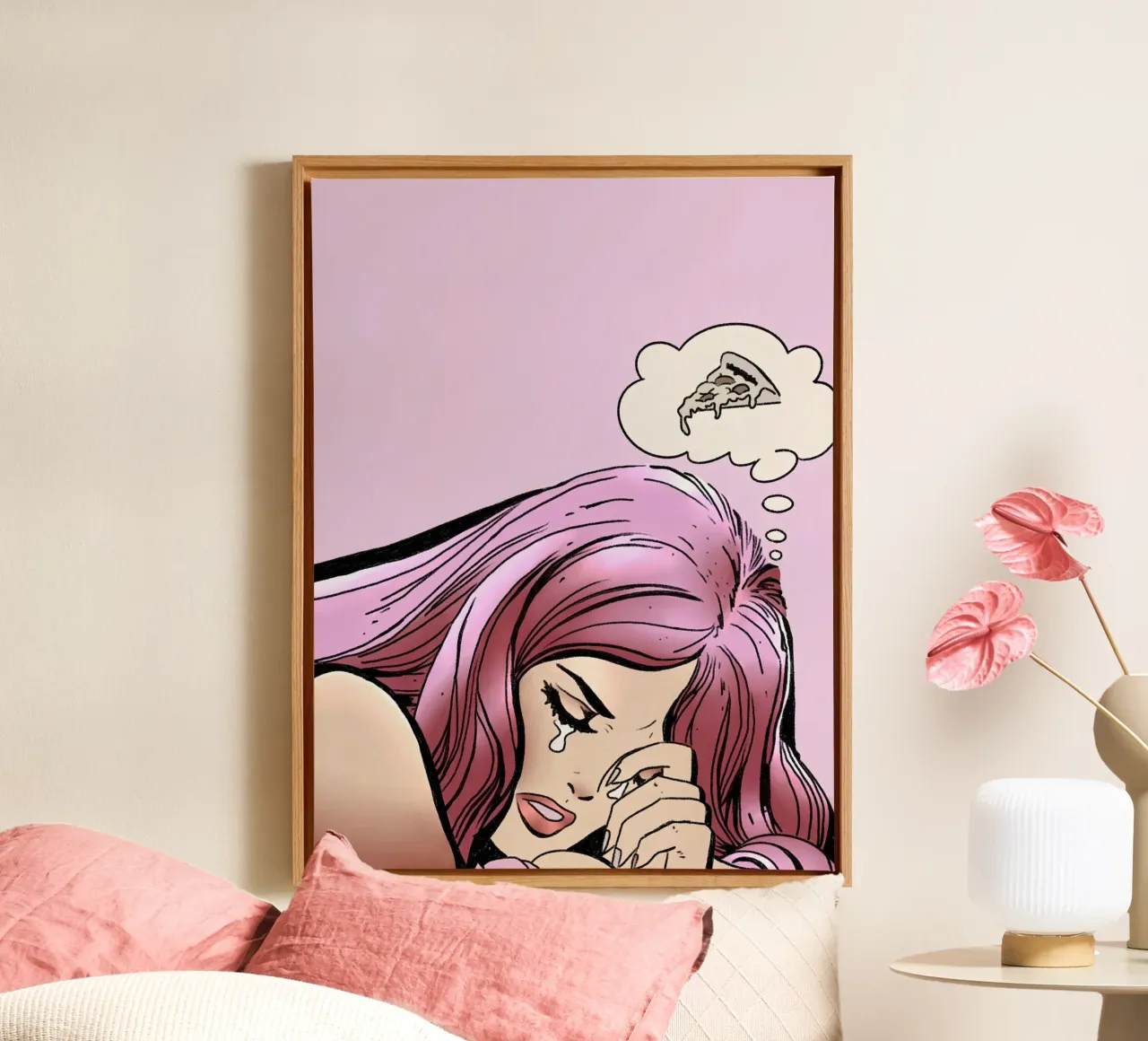 Crying Girl Thinking of Pizza canvas with Floater frame by lucasmeier