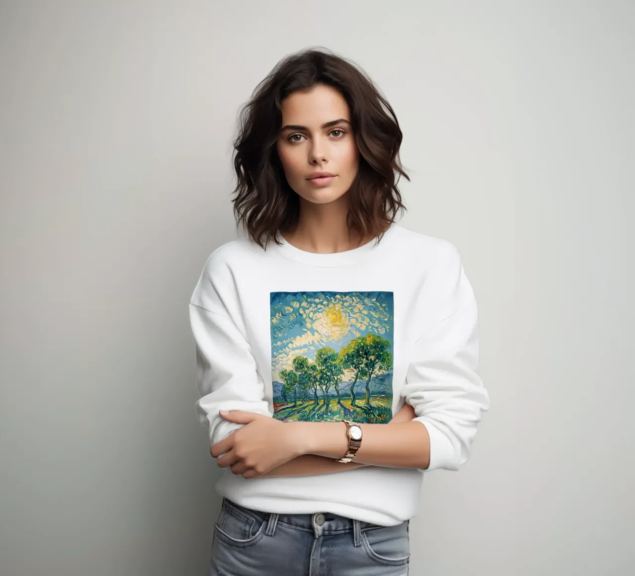 Paesaggio impressionistico con alberi e sole felpa da Point and Art