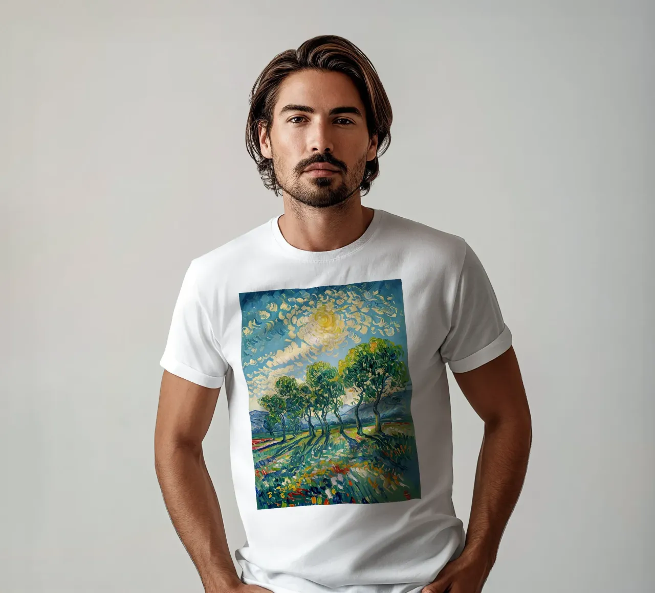 Paesaggio impressionistico con alberi e sole t-shirt da Point and Art
