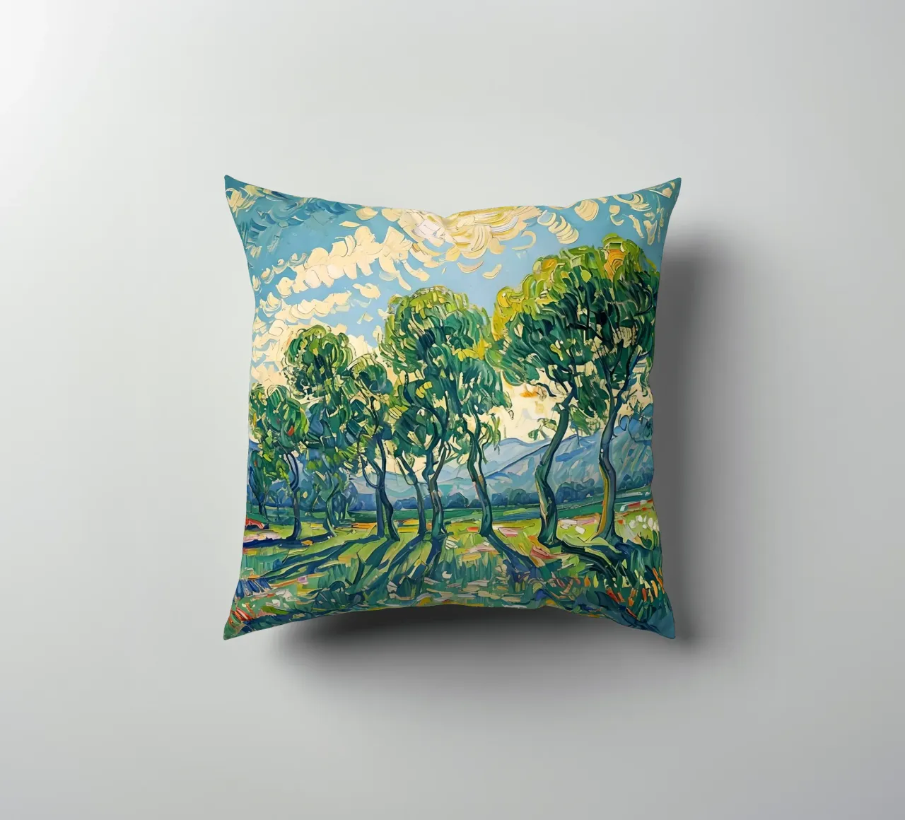 Paesaggio impressionistico con alberi e sole cuscino da Point and Art
