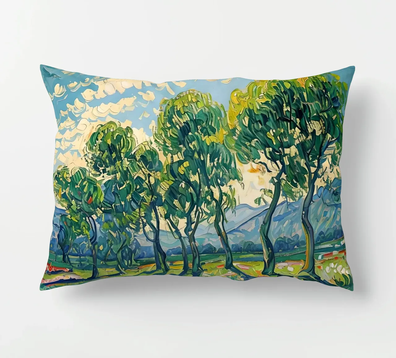 Paesaggio impressionistico con alberi e sole cuscino da Point and Art