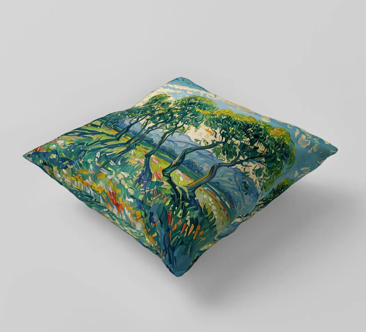 Paesaggio impressionistico con alberi e sole cuscino da Point and Art