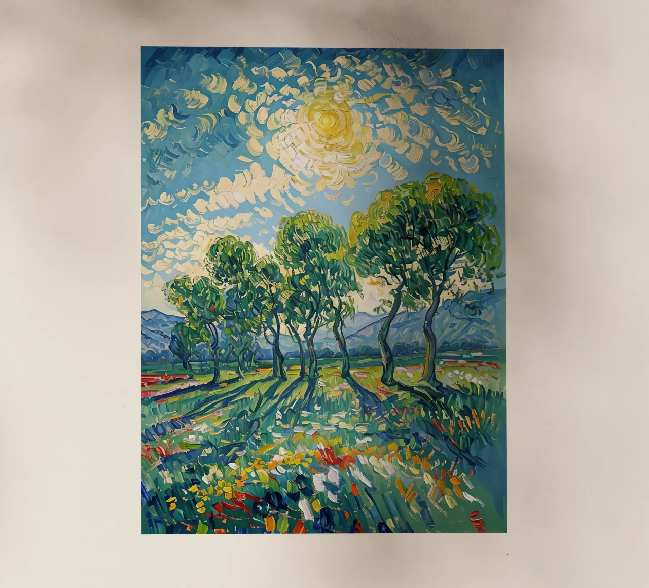 Paesaggio impressionistico con alberi e sole pellicola backlit da Point and Art