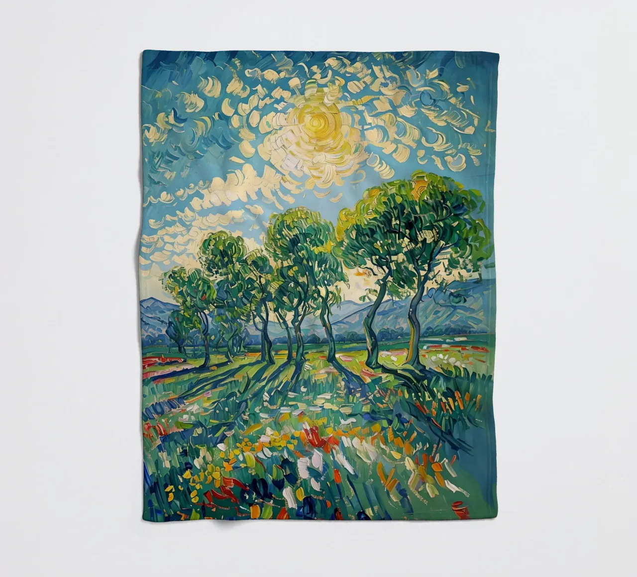 Paesaggio impressionistico con alberi e sole coperta in pile da Point and Art