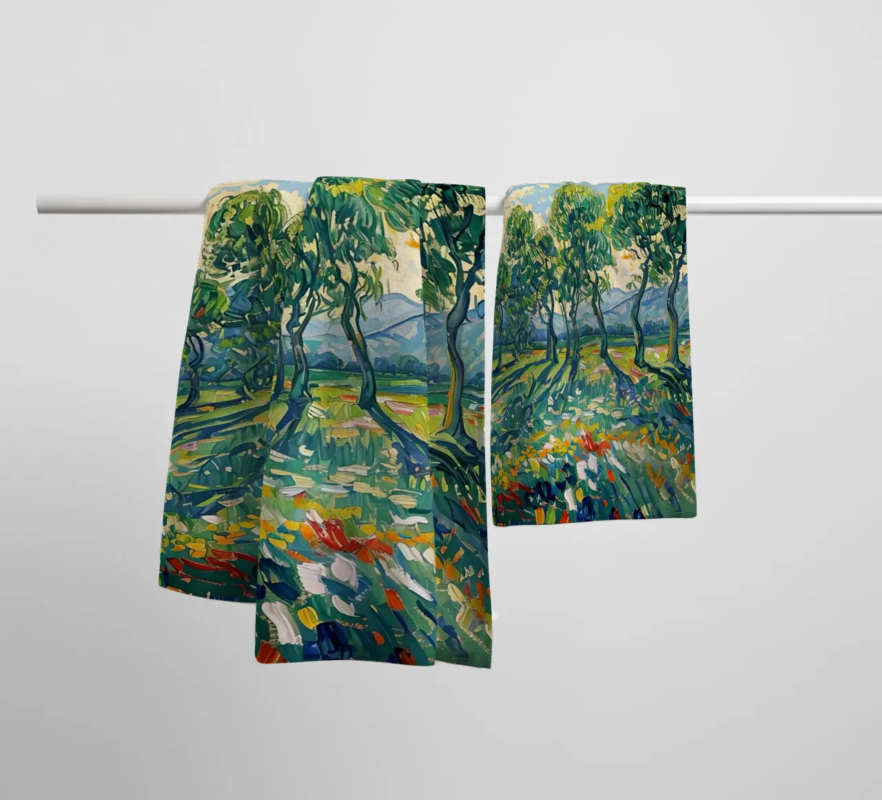 Impressionistic Landscape with Trees and Sun towel by Point and Art