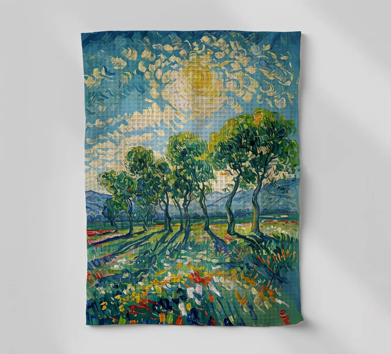 Paesaggio impressionistico con alberi e sole canovaccio da cucina da Point and Art