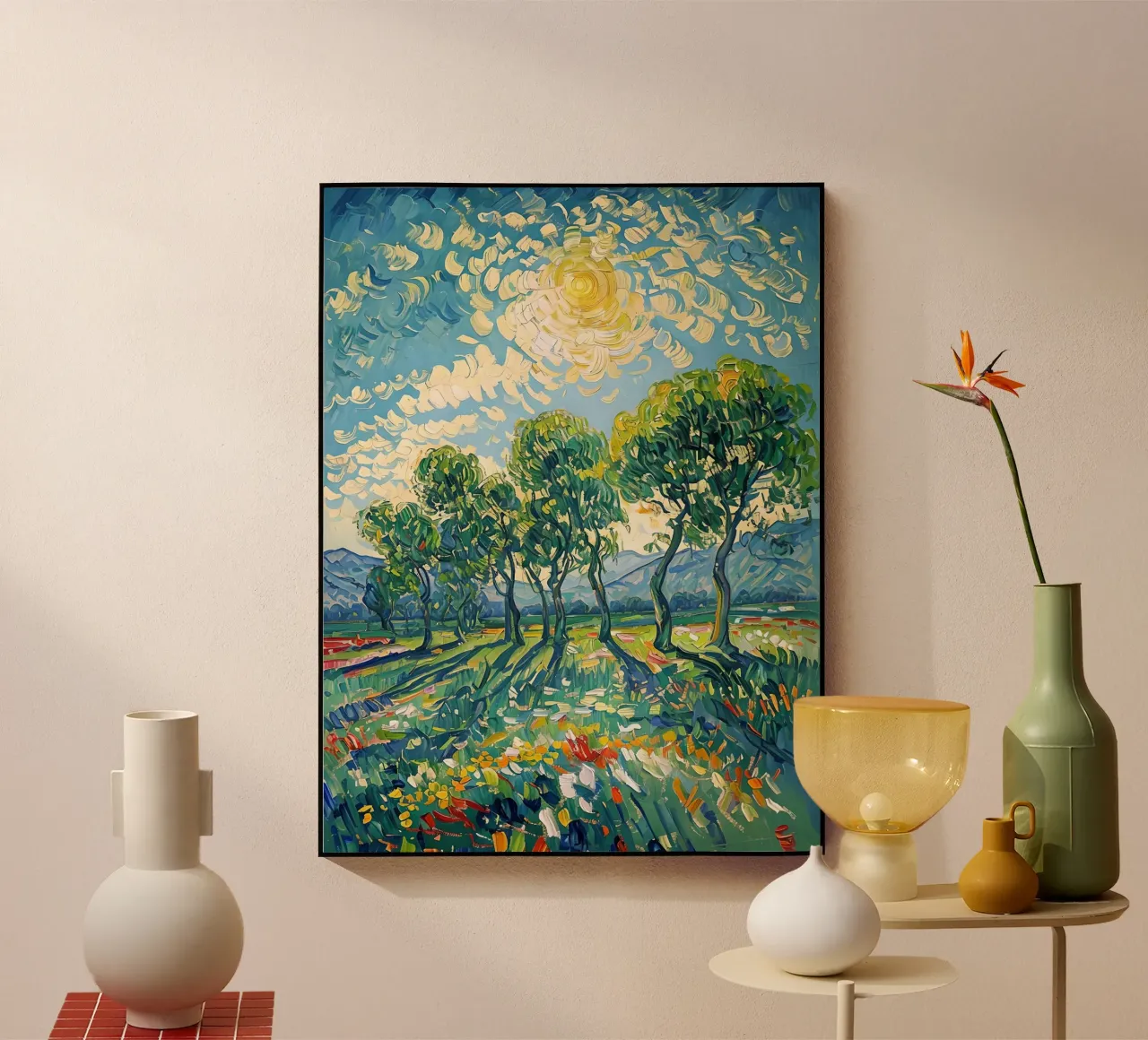 Paesaggio impressionistico con alberi e sole plexiglass da Point and Art