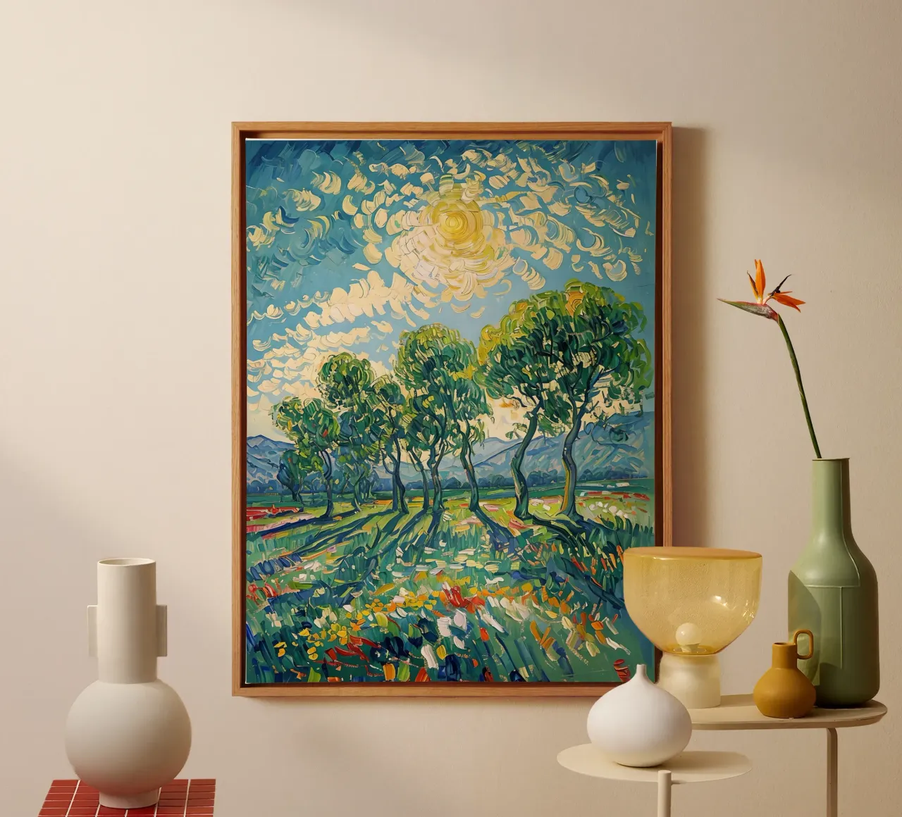 Paesaggio impressionistico con alberi e sole tela con Cornice a cassetta da 🎨 Point and Art