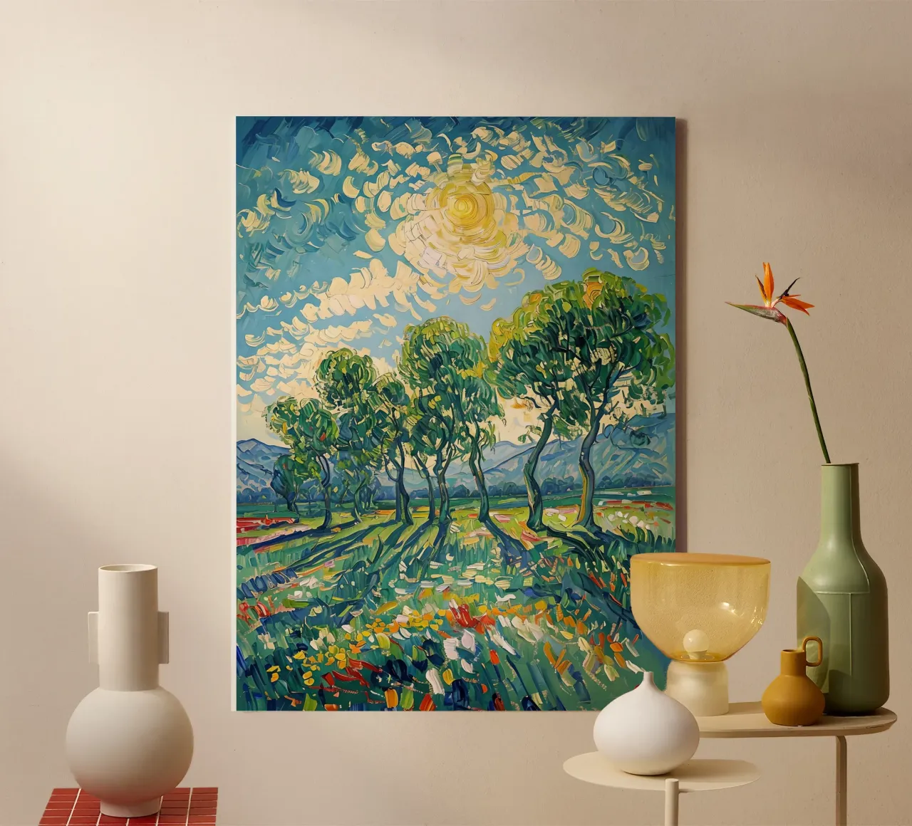 Paesaggio impressionistico con alberi e sole tela con Cornice a cassetta da 🎨 Point and Art