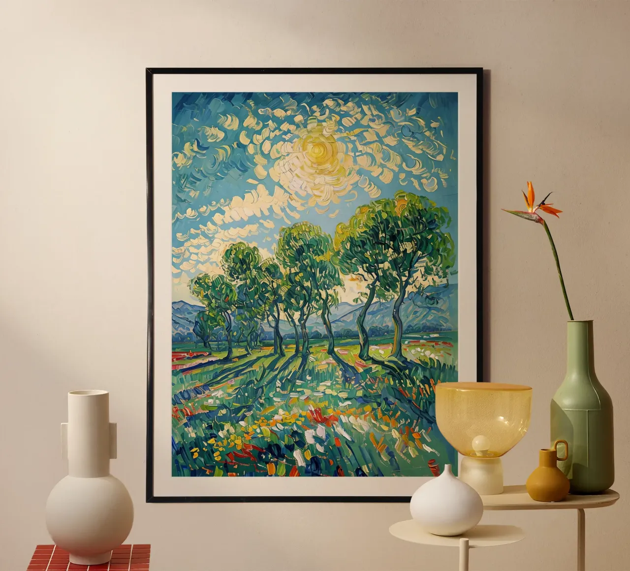 Paesaggio impressionistico con alberi e sole carta hahnemühle da Point and Art
