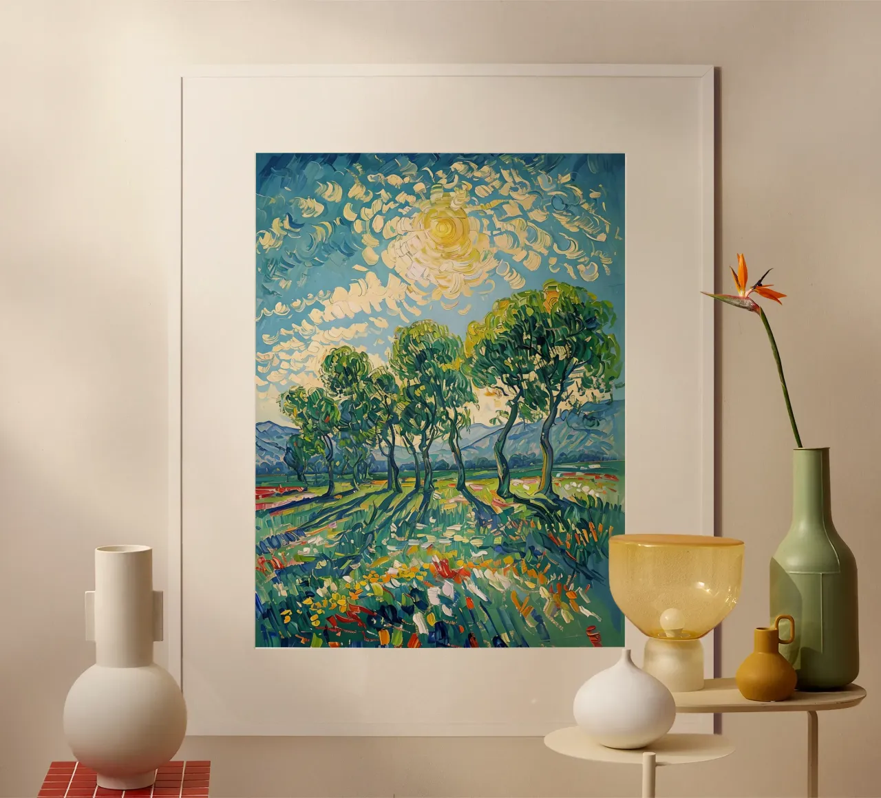 Paesaggio impressionistico con alberi e sole carta hahnemühle da Point and Art