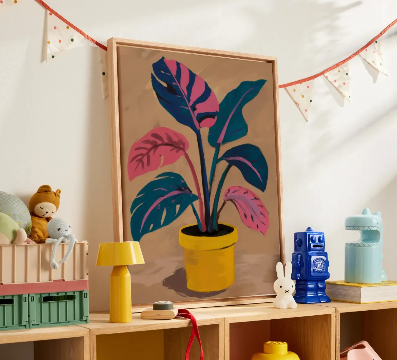 Pianta in vaso rosa tela con Cornice a cassetta da Pan Denim