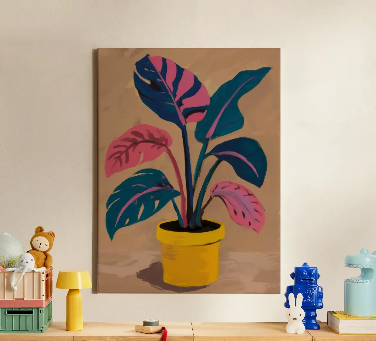 Pianta in vaso rosa tela con Cornice a cassetta da Pan Denim