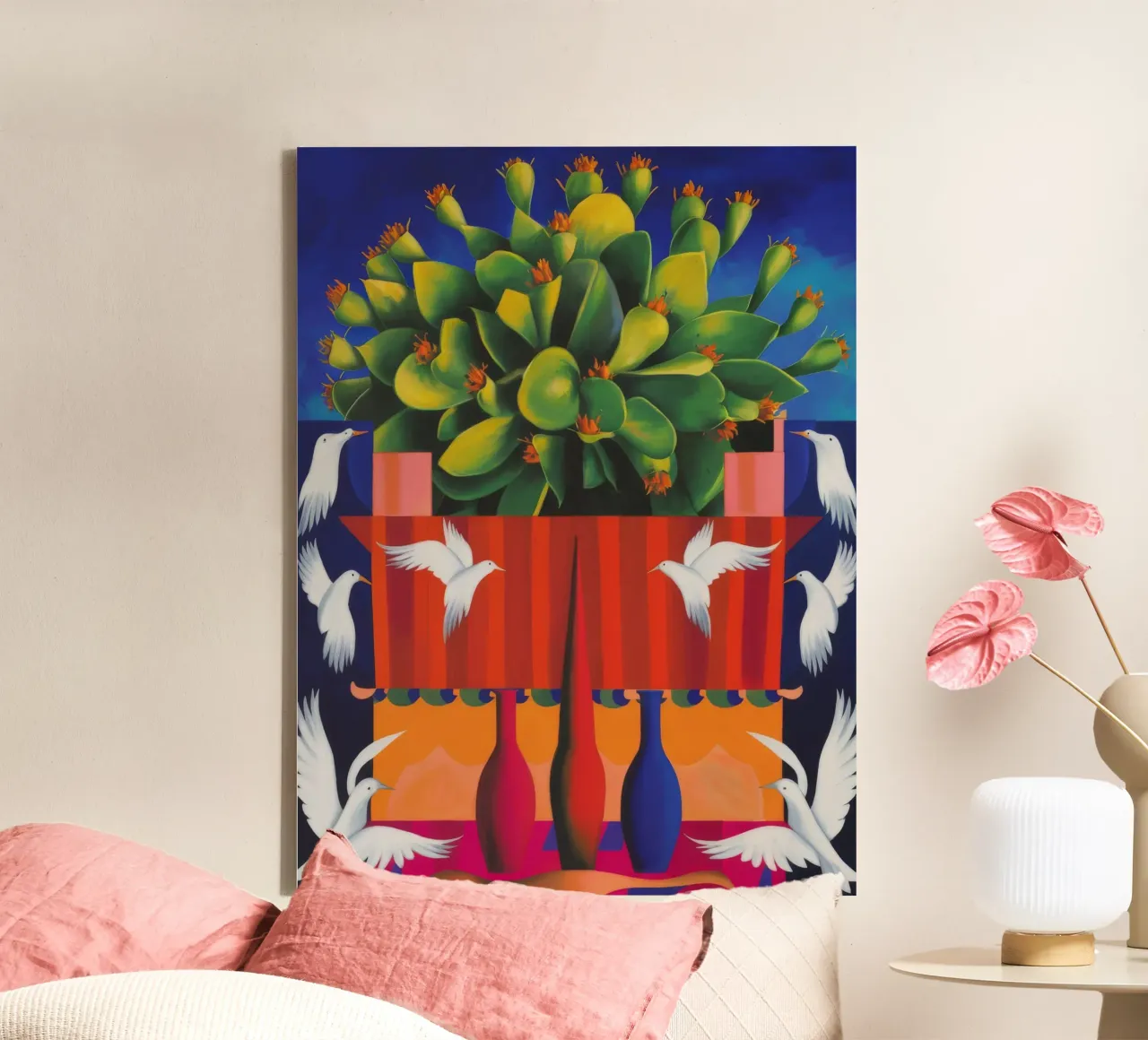 Colombe sacre del cactus tela con Cornice a cassetta da Dawn Light